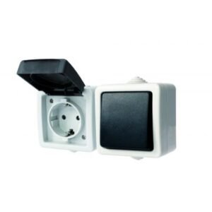 Conmutador de superficie+ base de superficie Schuko 2P+TTL y obturadores Ceese